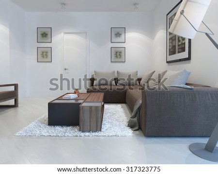 White living room modern style. Large bright living room for a pleasant stay with corner sofa and functional table. 3D render