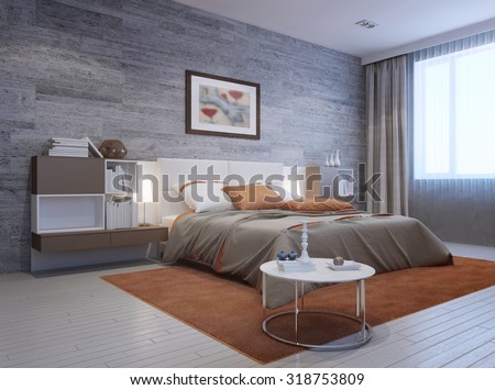 View of modern bedroom interior. Luxury double bed with white headboard and furniture mounted on both sides in white and taupe colors. 3D render
