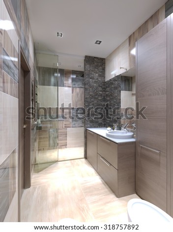 Bathroom modern style. Mixed tile walls, light brown furniture, cabinet with glossy white countertop. 3D render