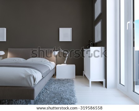 High-tech bedroom design. Accurate and very elegant bed and made of white plastic cabinet and console in bedroom with taupe walls and thick pile carpet grey color. 3D render