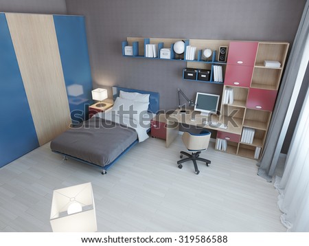 Idea of children modern bedroom. Multi colored furniture in blue and red colors, single bed, work area and large closet. 3D render