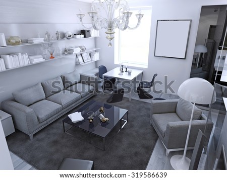 Contemporary living room in daylight. Room with dining table in gothic style. Light grey furniture, wet asphalt color carpet on laminate flooring, white wallls. 3D render
