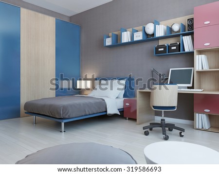 View of teenagers bedroom in red and blue colors. Light grey wall and light laminate flooring. 3D render