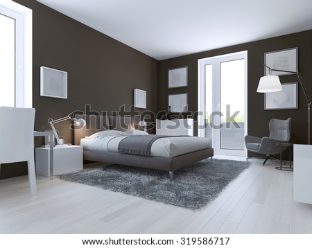 Contemporary bedroom design. Taupe matt walls, double dressed bed and entrance to balcony. 3D render