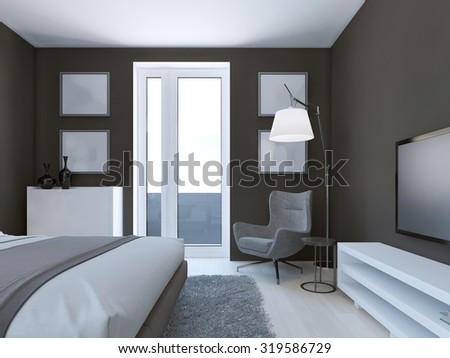 Cozy brown bedroom design with white and grey furniture. Entrance to balcony, floor lamp with light shade. 3D render