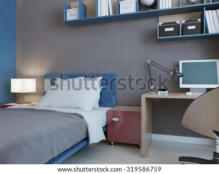 Idea of children bedroom with grey walls. Blue and red decoration. Minimalistic wall system with PC. 3D render