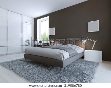 Minimalist bedroom for good rest. Large floor to ceilin closet with sliding doors. White laminate flooring and dark brown walls. 3D render