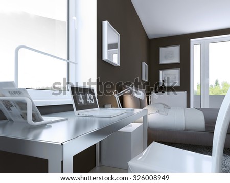 Shiny table in contemporary bedroom with taupe color walls and elegant furniture. 3D render