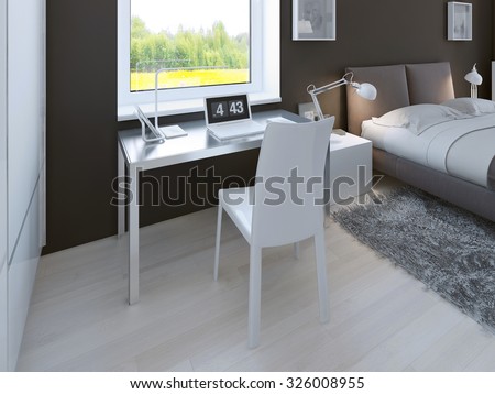 Working area in minimalist bedroom. Ikea table with chair in light aluminium color near window. 3D render