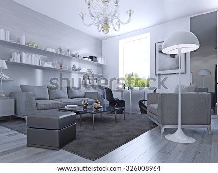 Living room in modern style. Elegant living room with white walls and light grey laminate flooring. Wall system with white shelves. 3D render.