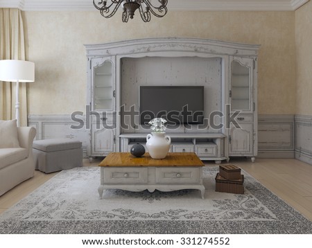 Luxury living room provence style. Spacious room with plaster walls, molding, and wall system. Old carpet and exclusive low table. 3D render