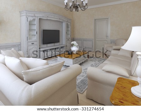 Mediterranean interior of lounge. Soft furniture around low coffe table. Walls with molding.  3D render