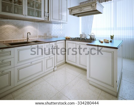 Elegant kitchen classic style with bar. Granite dark countertops, snowy-white cabinets and tile flooring. 3D render