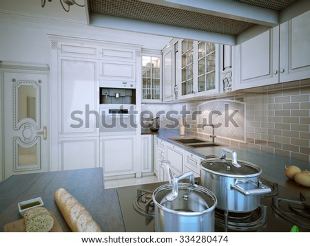 Kitchen provence style. Luxury eat-in kitchen with glass-front cabinets, white cabinets, beige backsplash and granite countertops. 3D render