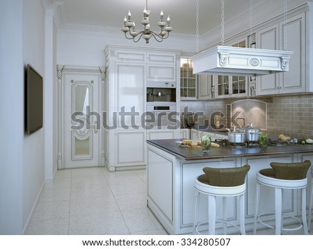 Glossy kitchen art deco style with bar and TV. White interior, polished tile flooring. 3D render