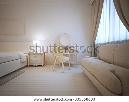 Bright interior of guest bedroom with dressing table and sofa. 3D render