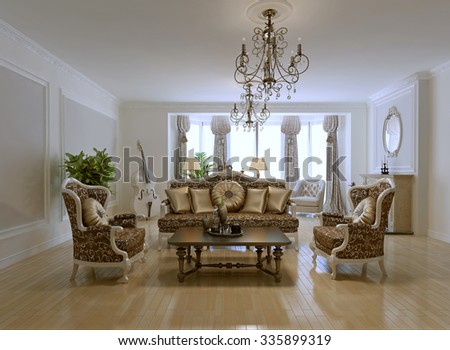 Design of rich living room. Two armchair, sofa with golden pillows, low coffe table in dark brown. Patterned furniture. 3D render