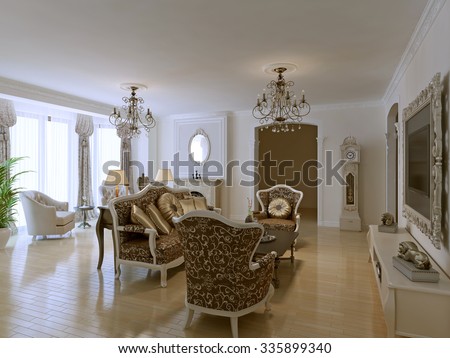 Luxury lobby for five stars hotel in neoclassic style. White walls and light parquet flooring. Lot of antique. 3D render