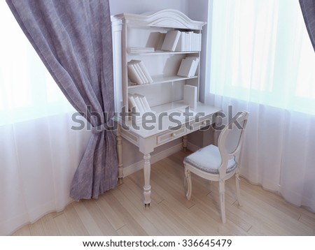 Single desk near window in classic style bedroom for children in purple colors. Light ecru color of table and chair. Light wood parquet flooring. 3D render