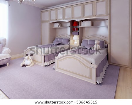 Art deco bedroom design. Child room for two. Purple walls and carpet. cream furniture and wall system. 3D render
