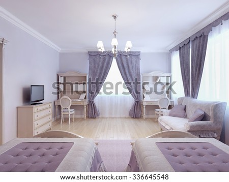 Bedroom for two children. Two single bed and two tables, luxury interior of classic bedroom in lilac colors. 3D render