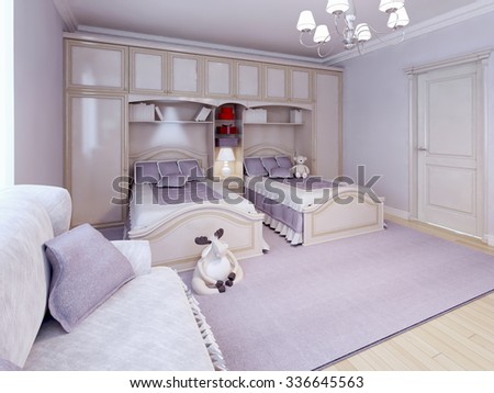 Children bedroom / kids room with purple decoration. 3D render