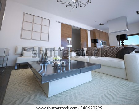 White lounge with classic furniture, low table with decorations, patterned carpet. 3D render