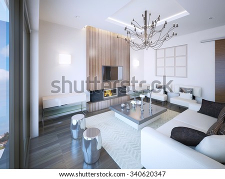 Living room art deco style with fireplace. Unusual furniture made of soft material, low table. Silver color in room decorations. 3D render