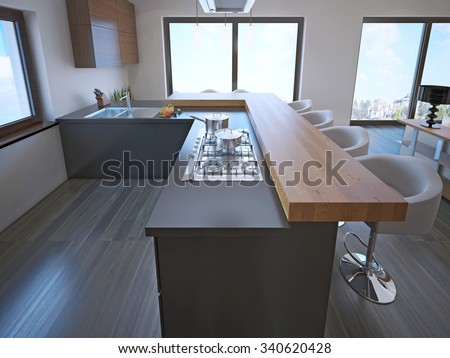 Avant-garde kitchen island bar with lightwood countertop, white bar chairs, L-shaped kitchen interior. 3D render