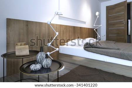 Coffee table and lamp near bed in minimalist bedroom with wall decorative wood panels. Brown interior. 3D render