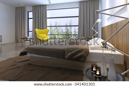 Bed and yellow chair in bedroom with large window, daylight with included lights, brown decorations. 3D render