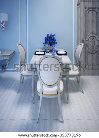 Empty served table forthree person. Gray Washed Wood Furniture. Blue molding walls. 3D render