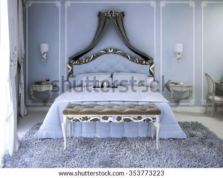 Double bed with curtain in luxury royal view bedroom with pale blue walls. Tick pile grey carpet and upholstery bench with white wood carcas. 3D render