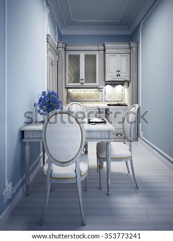 Blue tiny kitchen with classic white furniture. 3D render
