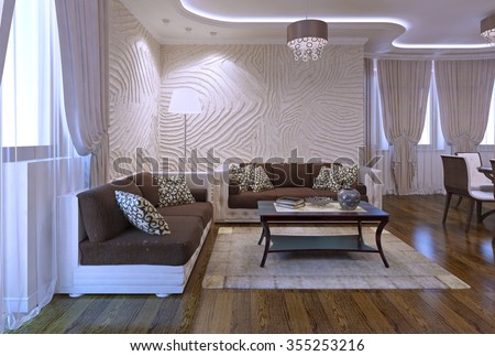 Spacy apartments in modern style. Luxury furniture, polished flooring, soft leather sofa in brown color. Inspiration for using neon lights in interior. 3D render