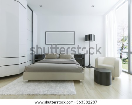 Luxury hotel room in white. Large panoramic window, steel floor lamp, light wood parquete flooring and white wool tick pile carpet. 3D render