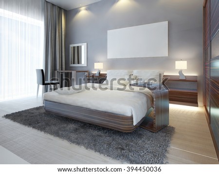 Large luxury bedroom in Contemporary style white, brown and gray colors. A large bed with a side table and a dressing table with a mirror and a chair. 3D render.