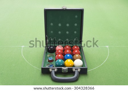 A box of snooker balls with chalk on the snooker table.