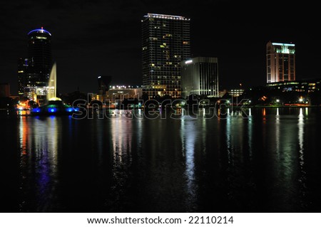 Night shot of Downtown Orlando, Florida facing north-west corner of Lake Eola