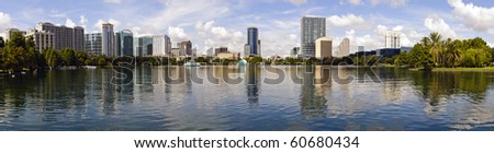 Panoramic created from multiple images of Orlando, Florida skyline as seen from Lake Eola Park