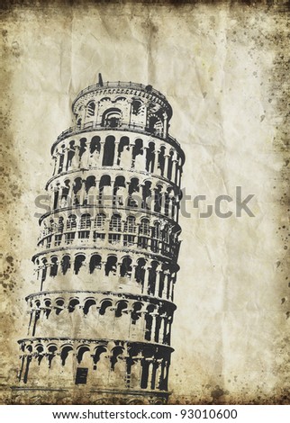 Leaning Tower of Pisa on old grunge paper