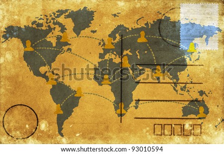 world map on old postcard ,retro style