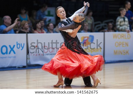 MINSK-BELARUS, MAY, 18: Unidentified Dance couple performs Youth-2 standard program on World Open Minsk-2013 championship in May 18, 2013 in Minsk, Republic Of Belarus