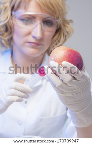 Lab Staff Making a Test with Genetic Modified Red Apple. Isolated on Gray. Vertical Image