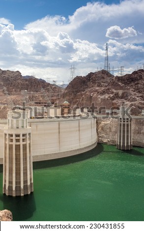 Hoover Dam and Penstock Towers in Lake Mead of the Colorado River on the Border of Arizona and Nevada States. Vertical Image Orientation