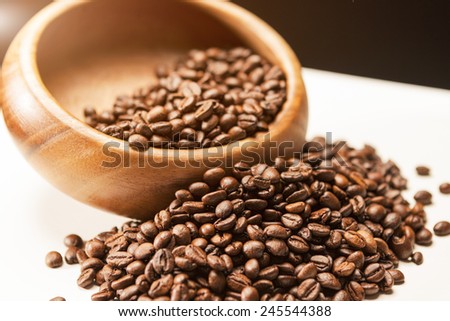 Heap of Brown Roasted Coffee Beans in Wooden Bowl on White Surface.Light Effect Used. Horizontal Image