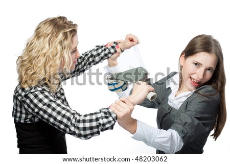 young nice caucasian girls playing with tape device trying to glue mouth with scotch tape having fun isolated over white background