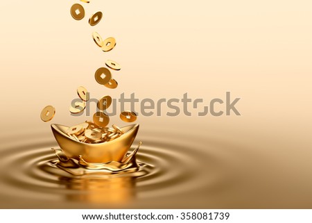 Gold sycee (Yuanbao) and gold coins dropping on liquid gold