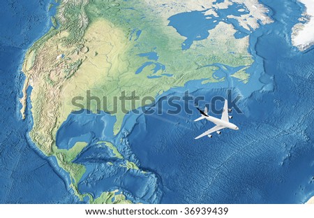 White Civil Airplane over the Atlantic ocean flying to Europe