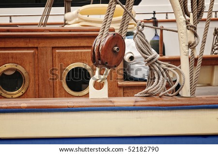 close view of a sail yacht rigging and ropes